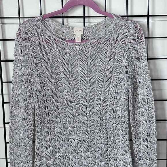 Chico’s Shine Stitch Theodora Pullover Sweater Womens 0 (S) Silver Open Knit - Picture 5 of 12